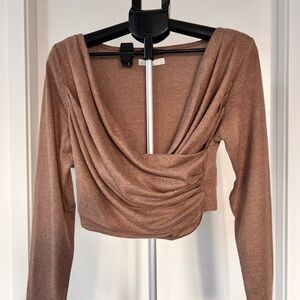 OAK + FORT Brown Drape Neck Crop Top